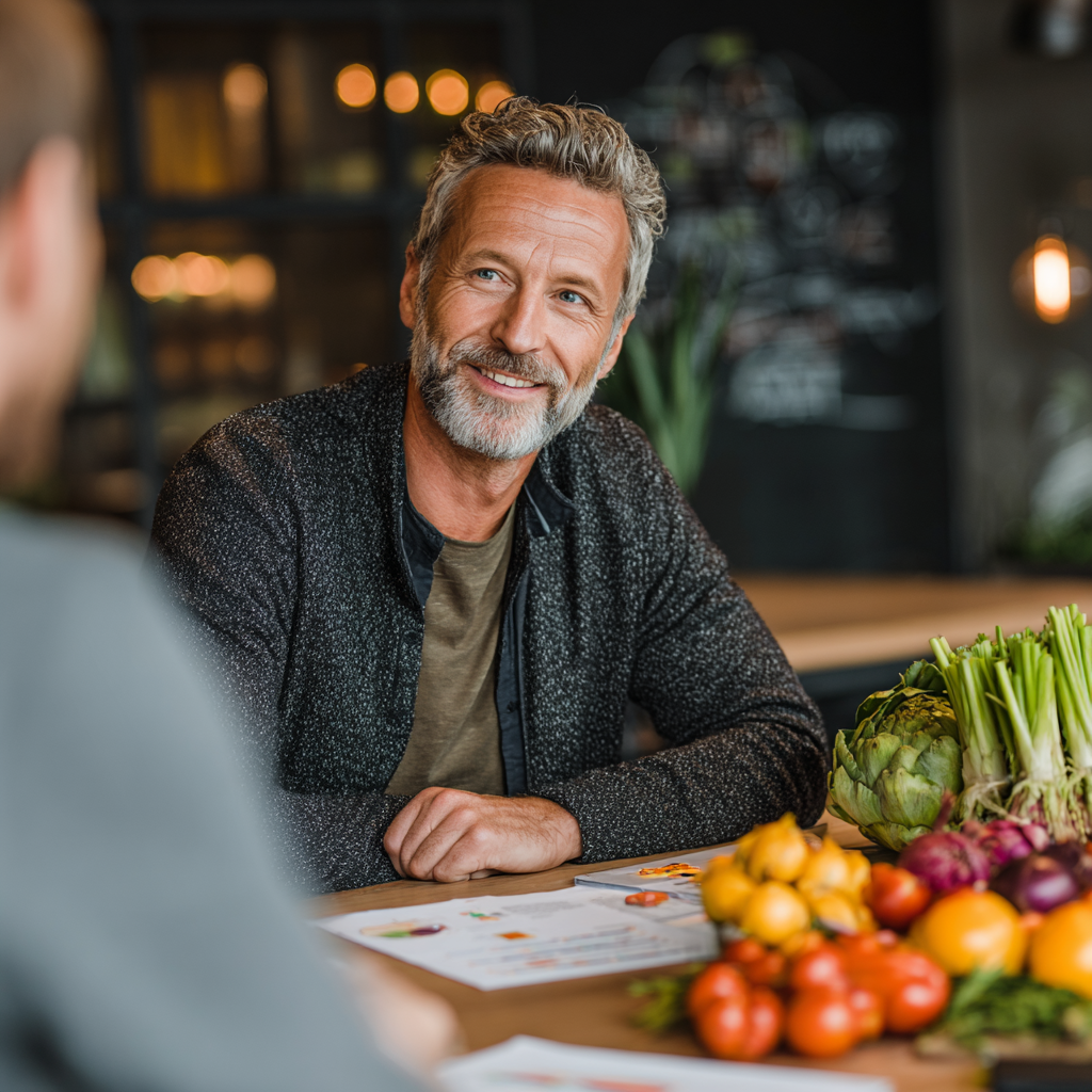 Professional nutritionist in his early 50s consulting with a client, both sitting at a modern desk with healthy meal plans and fresh fruits visible, both appearing confident and engaged in productive discussion