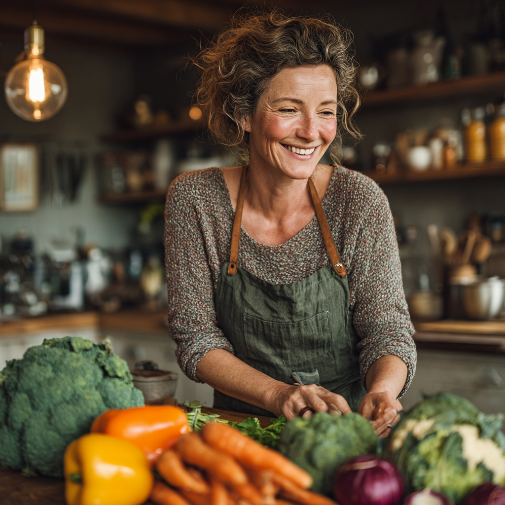 Smiling middle-aged woman in her late 40s preparing fresh vegetables in a modern kitchen, wearing casual clothing and radiating contentment while organizing colorful produce for meal preparation